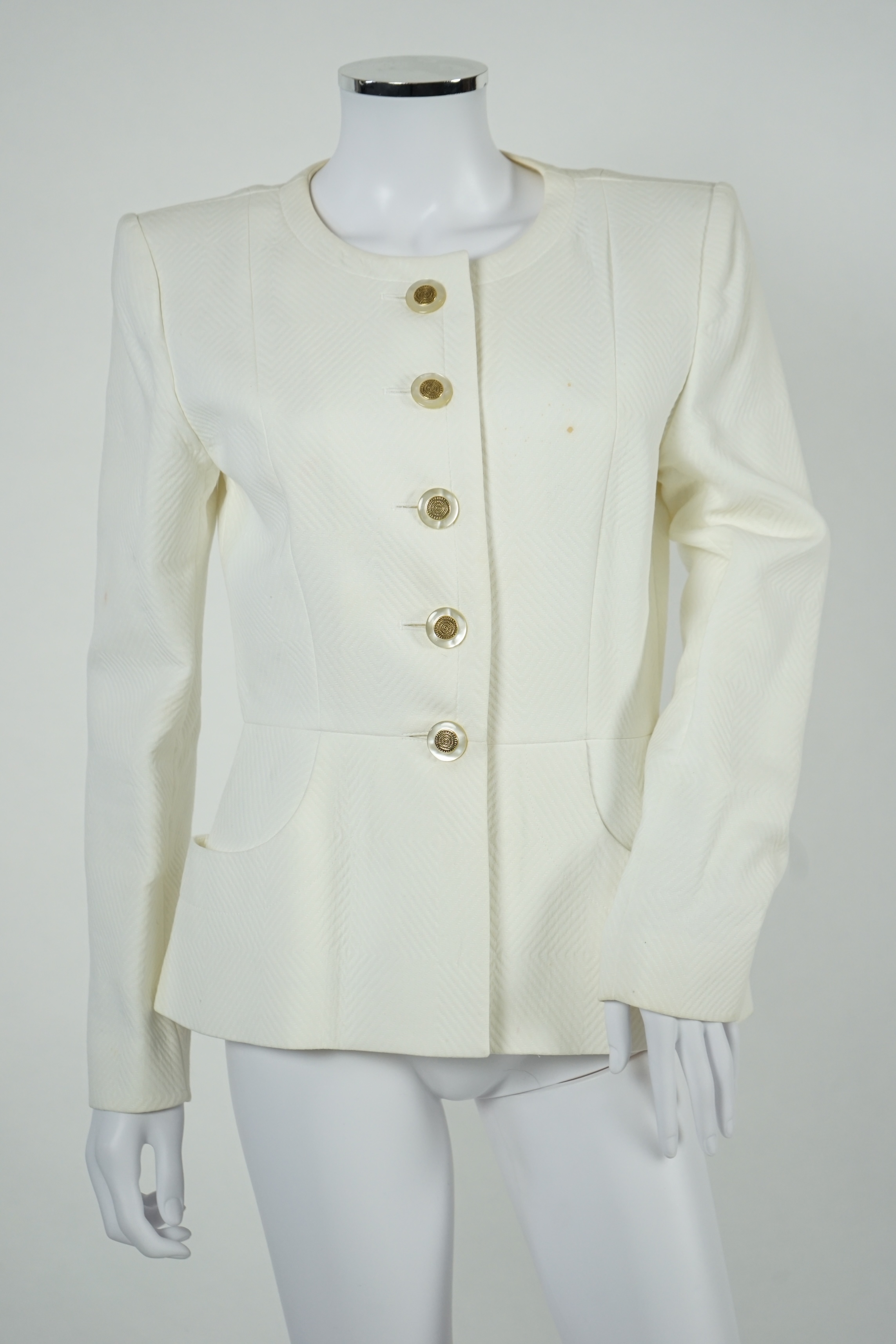 Two vintage Yves Saint Laurent variation lady's skirt suits, F 40 (UK 12).Please note alterations to make the waist smaller may have been carried out on some of the skirts. Proceeds to Happy Paws Puppy Rescue.